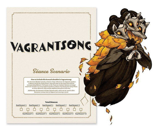 VagrantSong game scenario booklet with character illustration on a white background