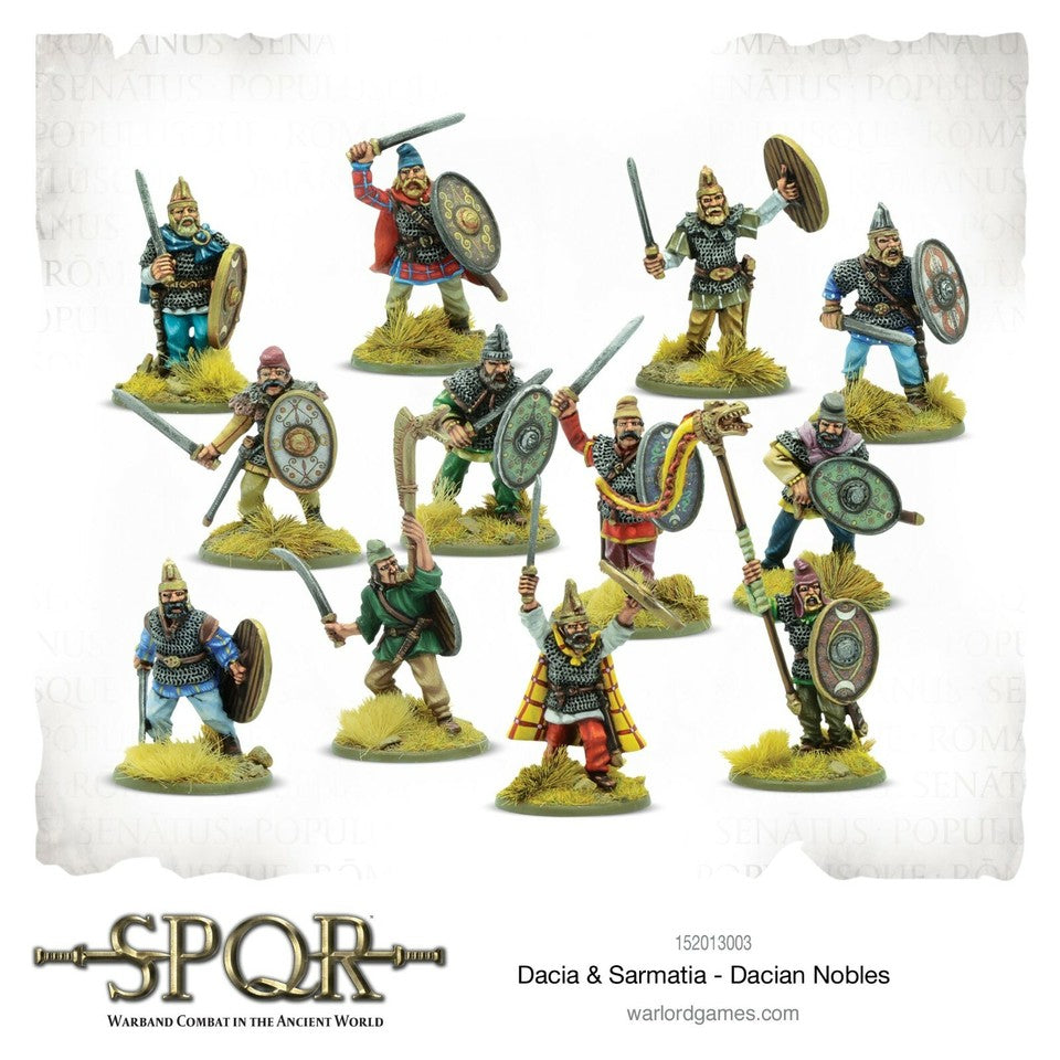 Set of miniature figures representing Dacian nobles from SPQR game on a white background