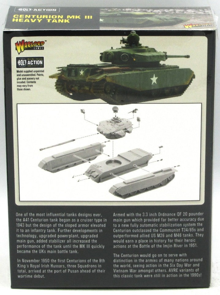 Boxed set of a military tank model with assembly diagram and text on the back