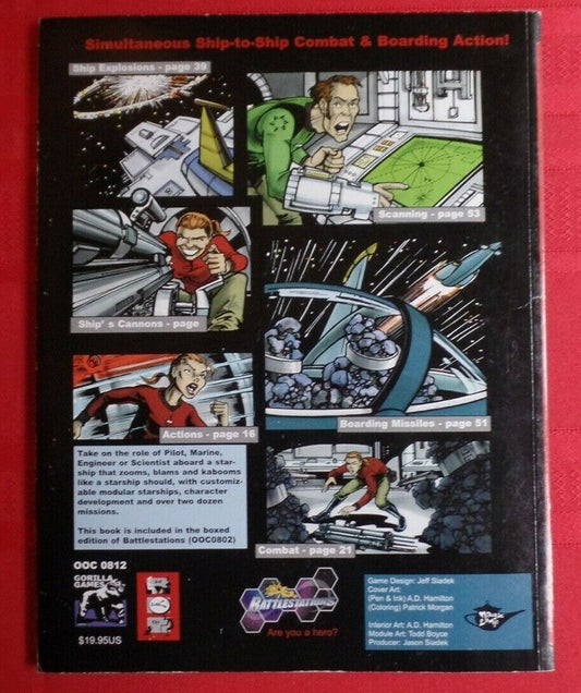 Back cover of a book with comic-style illustrations and text on a red background