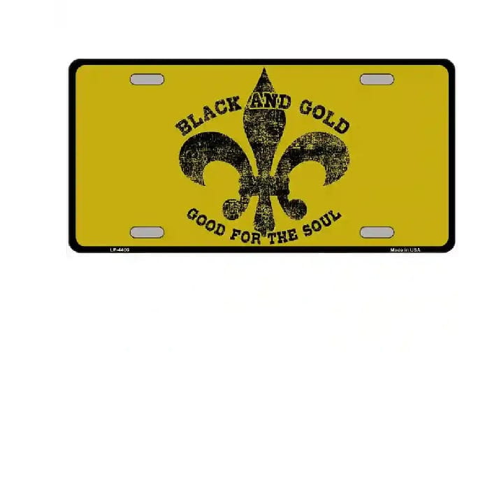 Yellow license plate with black fleur-de-lis design and text on a white background