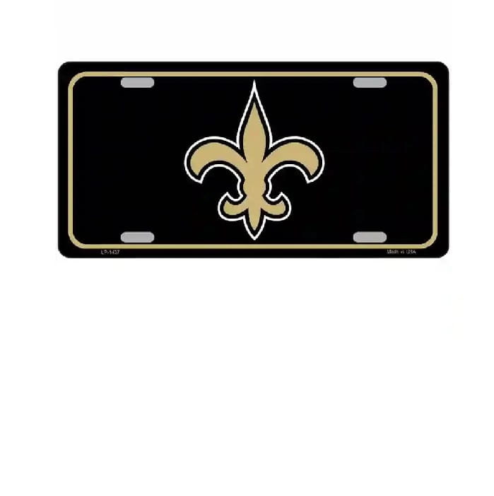 Black license plate with gold fleur-de-lis design on a white background