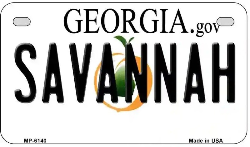 Savannah Georgia Motorcycle License Plate. Georgia Motorcycle license plate with 'Savannah' text and a green leaf design.