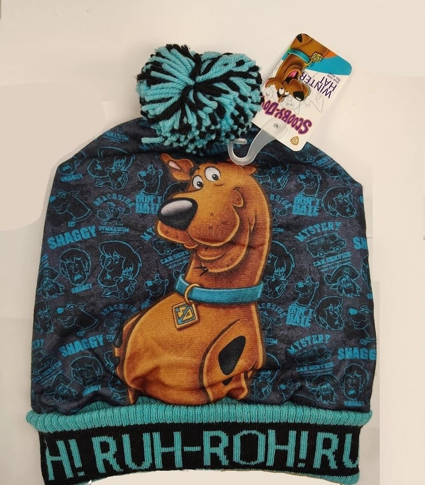 Scooby-Doo themed beanie with character design and text on a beige background