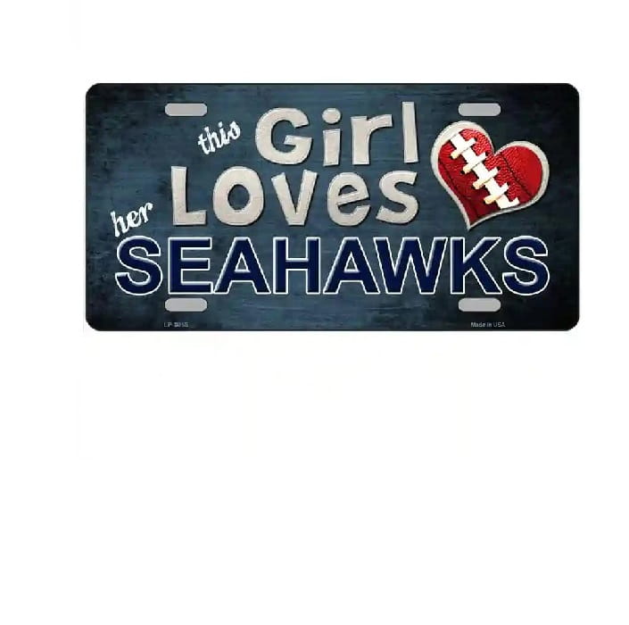 License plate with 'This Girl Loves Her Seahawks' text and football design on a blue background