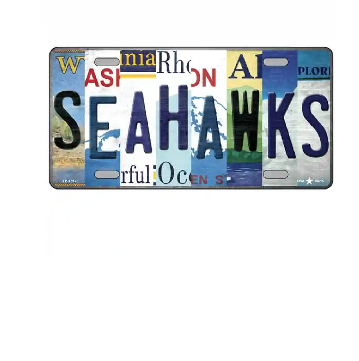 Decorative license plate with 'SEAHAWKS' text and various state names on a white background