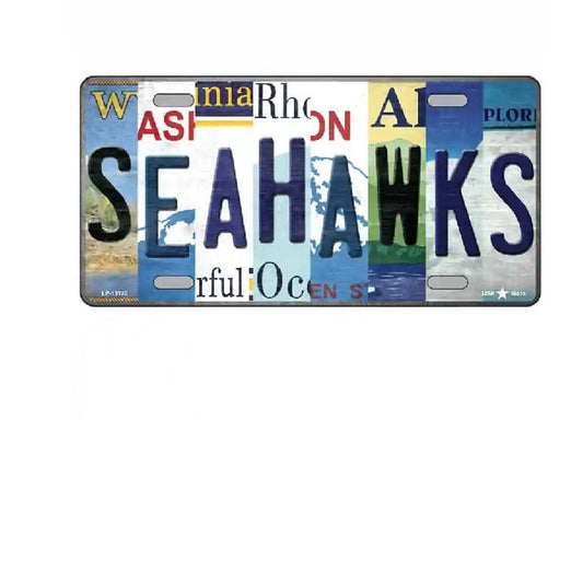 Decorative license plate with 'SEAHAWKS' text and various state names on a white background