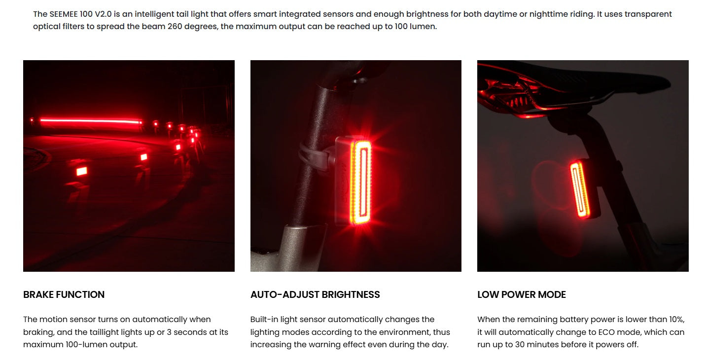 SEEMONIC 102 V2.0 tail light with brake, auto-adjust brightness, and low power mode features.