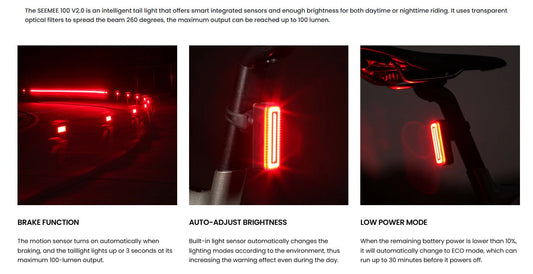 SEEMONIC 102 V2.0 tail light with brake, auto-adjust brightness, and low power mode features.