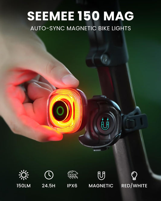 Bicycle light with 'Seemee 150 Mag' branding, auto-sync magnetic bike lights, and features listed below.