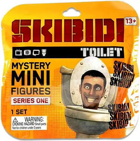 Skibidi toy packaging with a toilet design and mystery mini figures series one text.