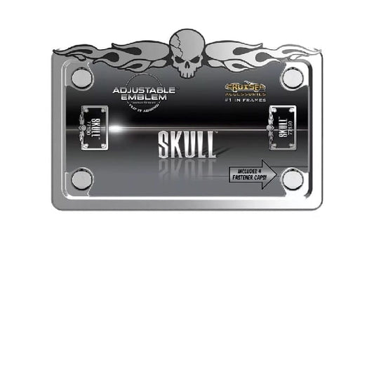 Metallic skull-themed license plate frame with flame designs on a white background