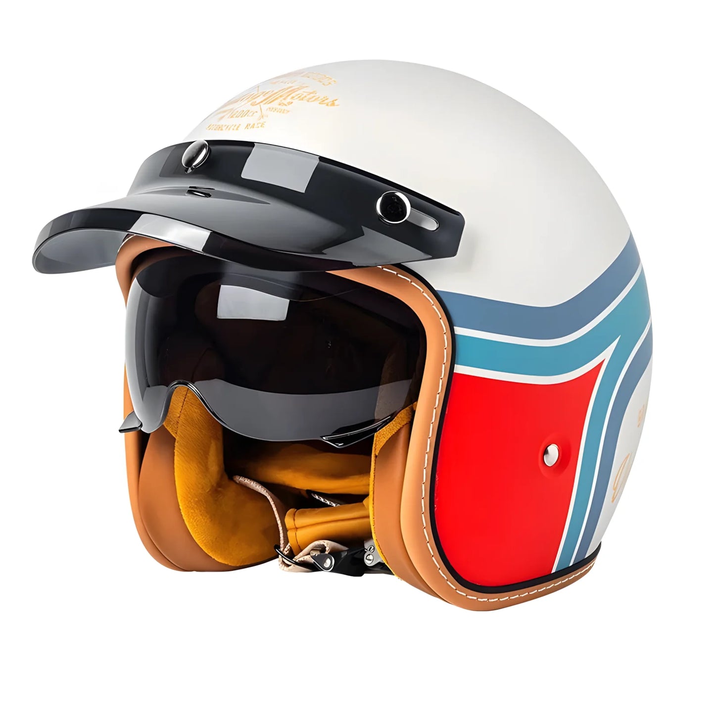 Motorcycle helmet with a white, red, and blue design on a white background