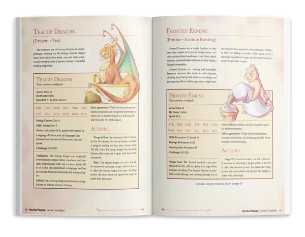 Open book showing character entries for 'Teacup Dragon' and 'Frosted Eremitine'.