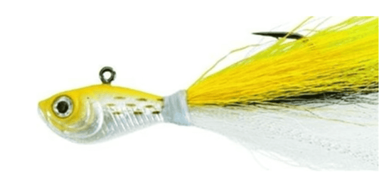 Yellow and white fishing lure on a white background