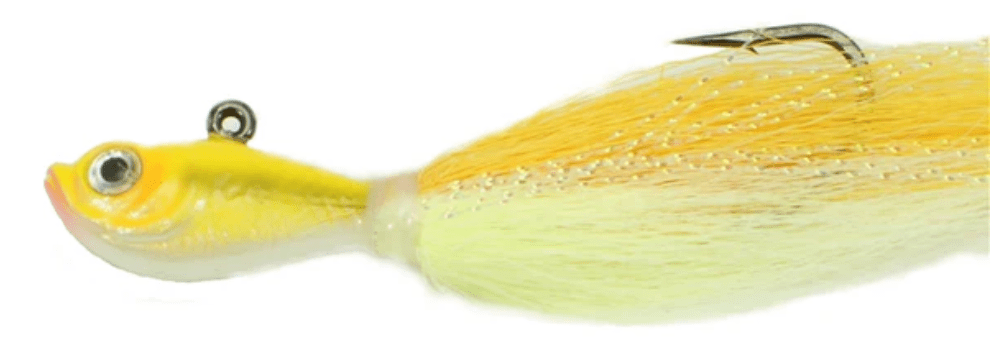 Yellow and green fishing lure with a hook on a white background