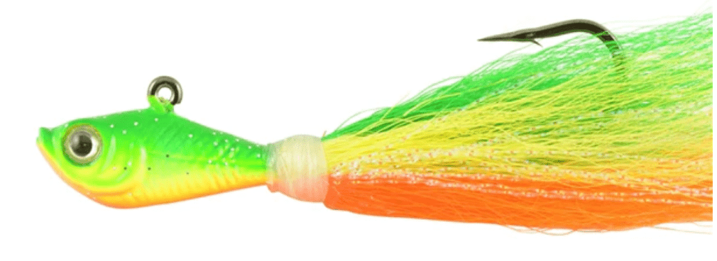 Fishing lure with green, yellow, and orange colors on a white background