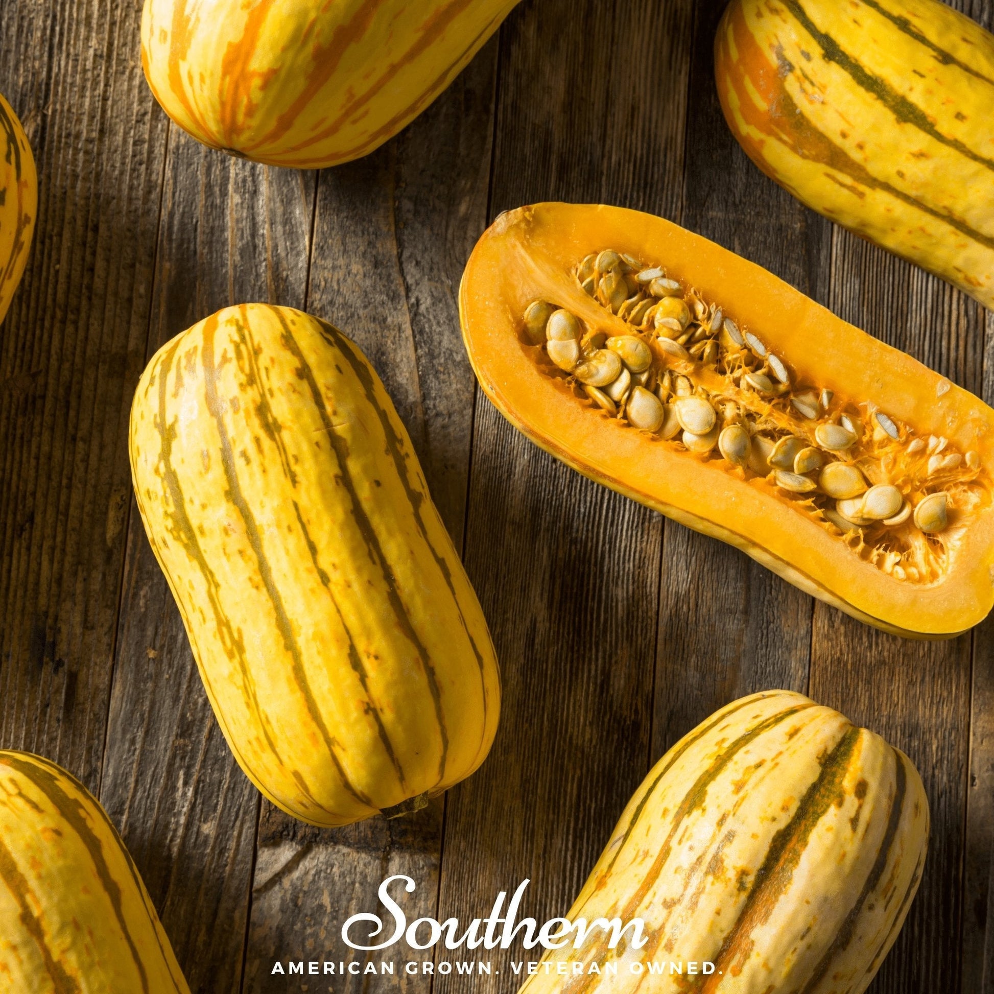 Yellow striped squash on a wooden surface with 'Southern' branding.