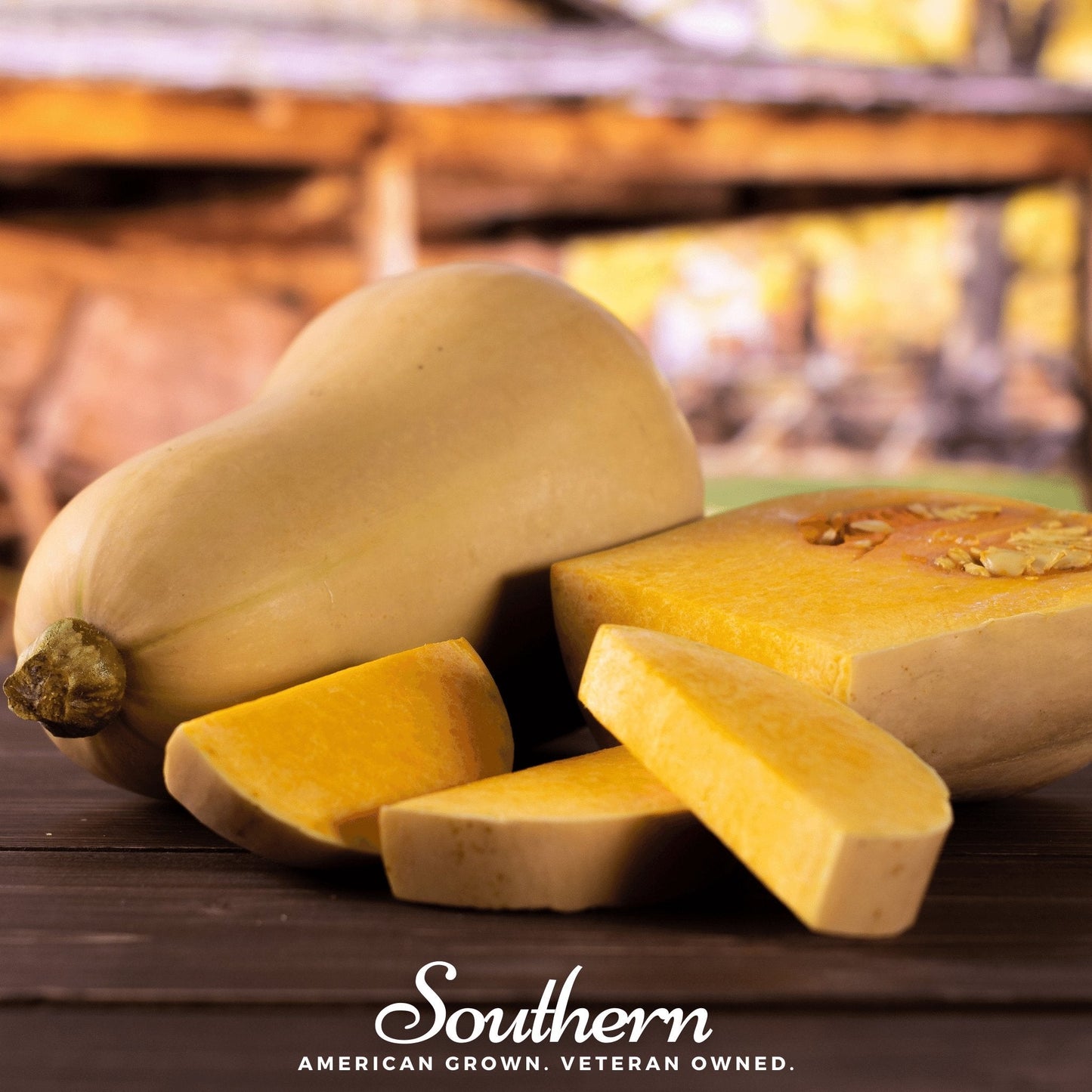 Butternut squash with slices on a wooden surface, branded 'Southern'.