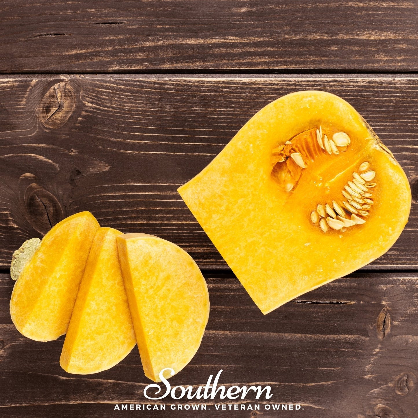 Sliced yellow squash on a wooden surface with 'Southern' branding.