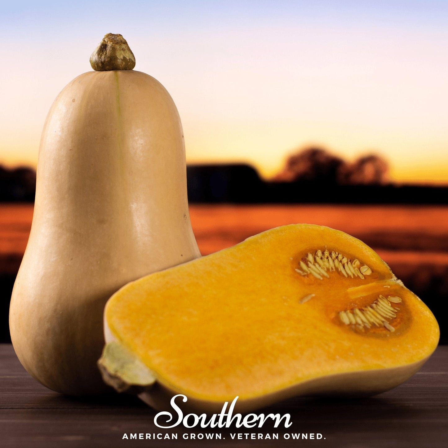 Butternut squash with a sunset background and 'Southern' brand logo.