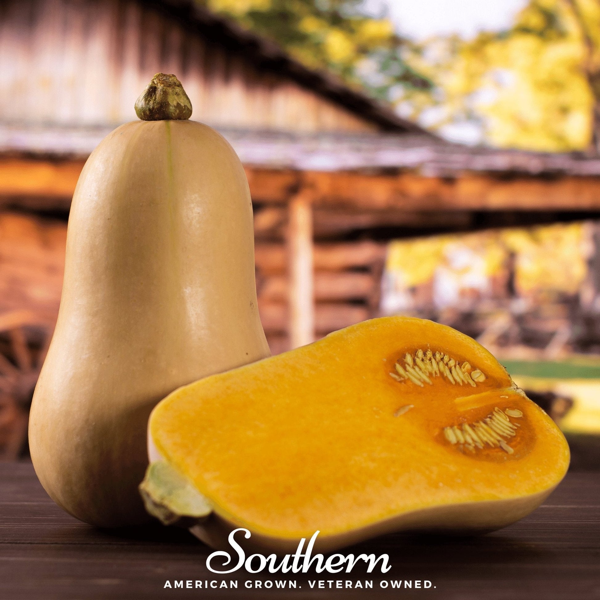 Butternut squash with a cut half on a wooden surface, blurred background