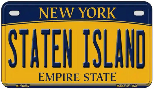 Motorcycle License plate with 'New York Staten Island Empire State' text on a blue and orange background
