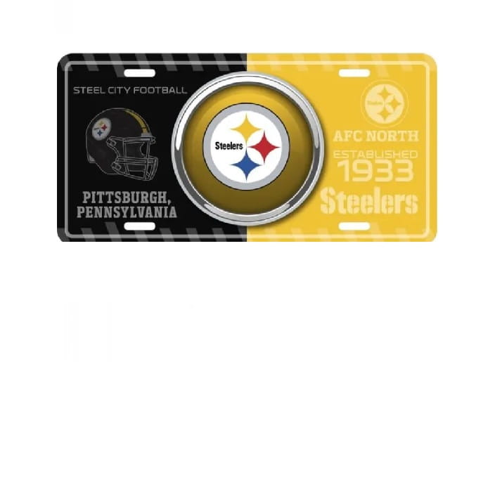 Pittsburgh Steelers license plate with team logo and text on a white background