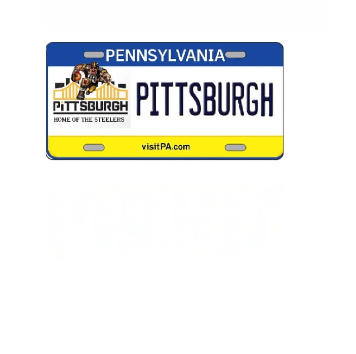 Pennsylvania license plate with 'Pittsburgh' and Steelers logo on a white background