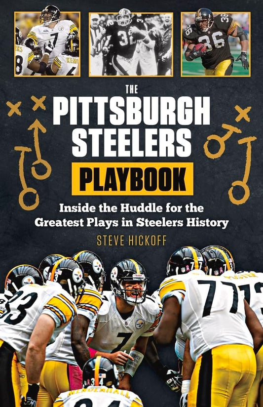 Book cover of 'The Pittsburgh Steelers Playbook' with images of players and text.