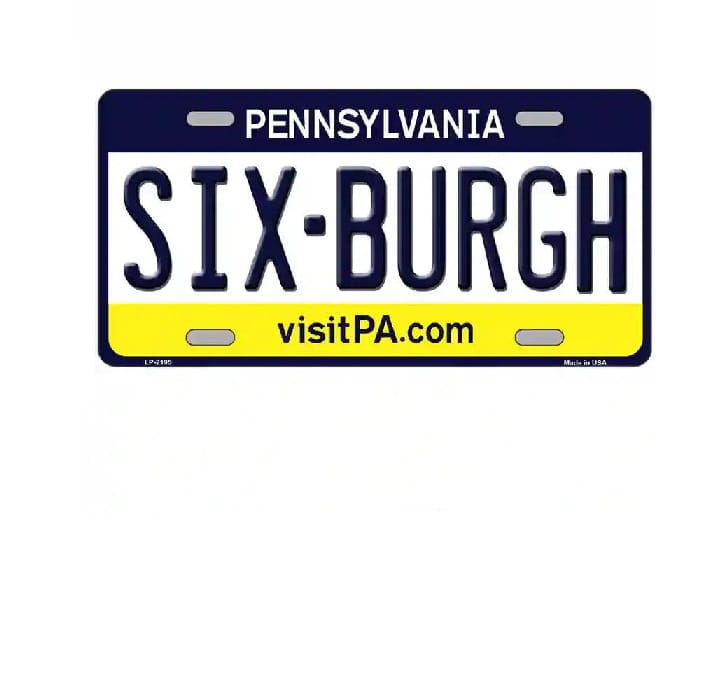 Pennsylvania license plate with 'SIX-BURGH' text on a white background