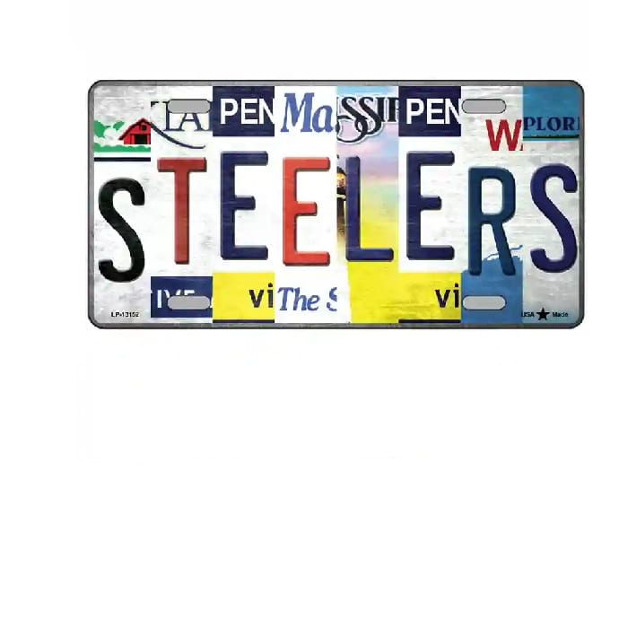 License plate with 'Steelers' text and various state names on a white background