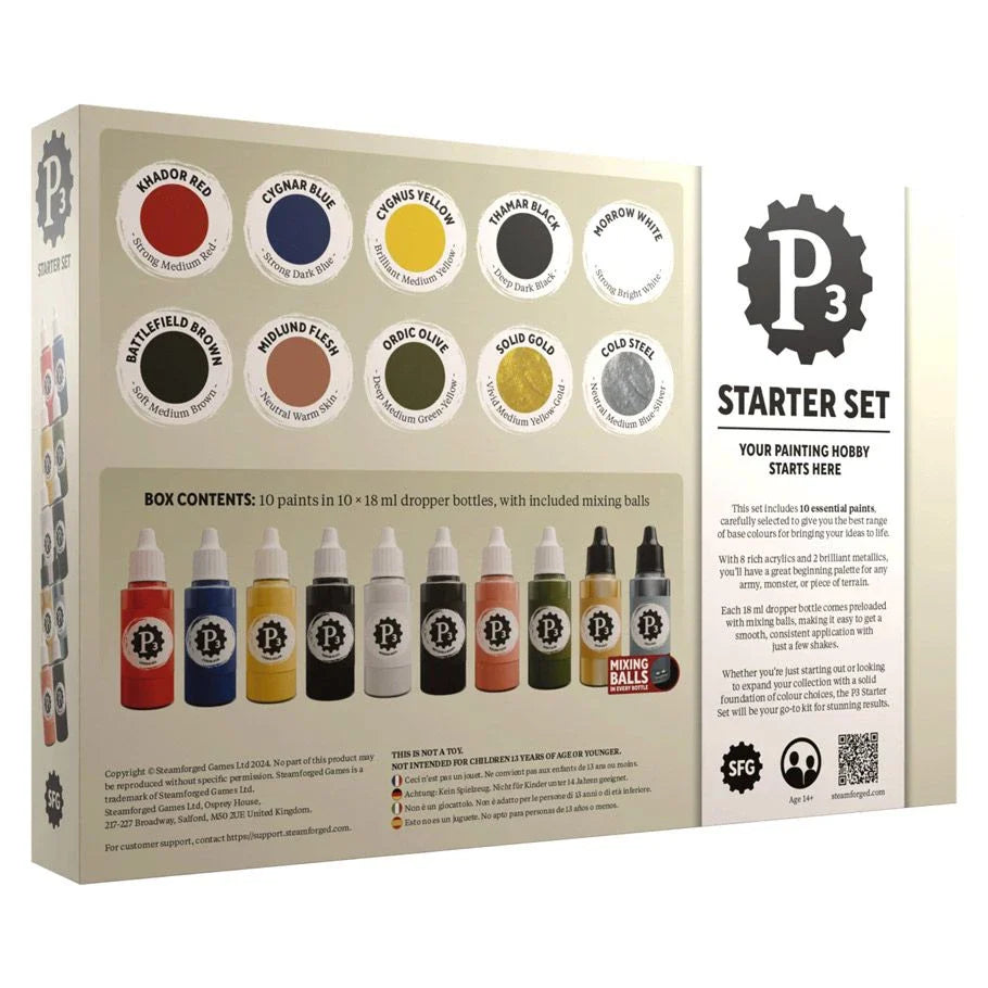 P3 Starter Set packaging with paint color swatches and bottles on a beige background