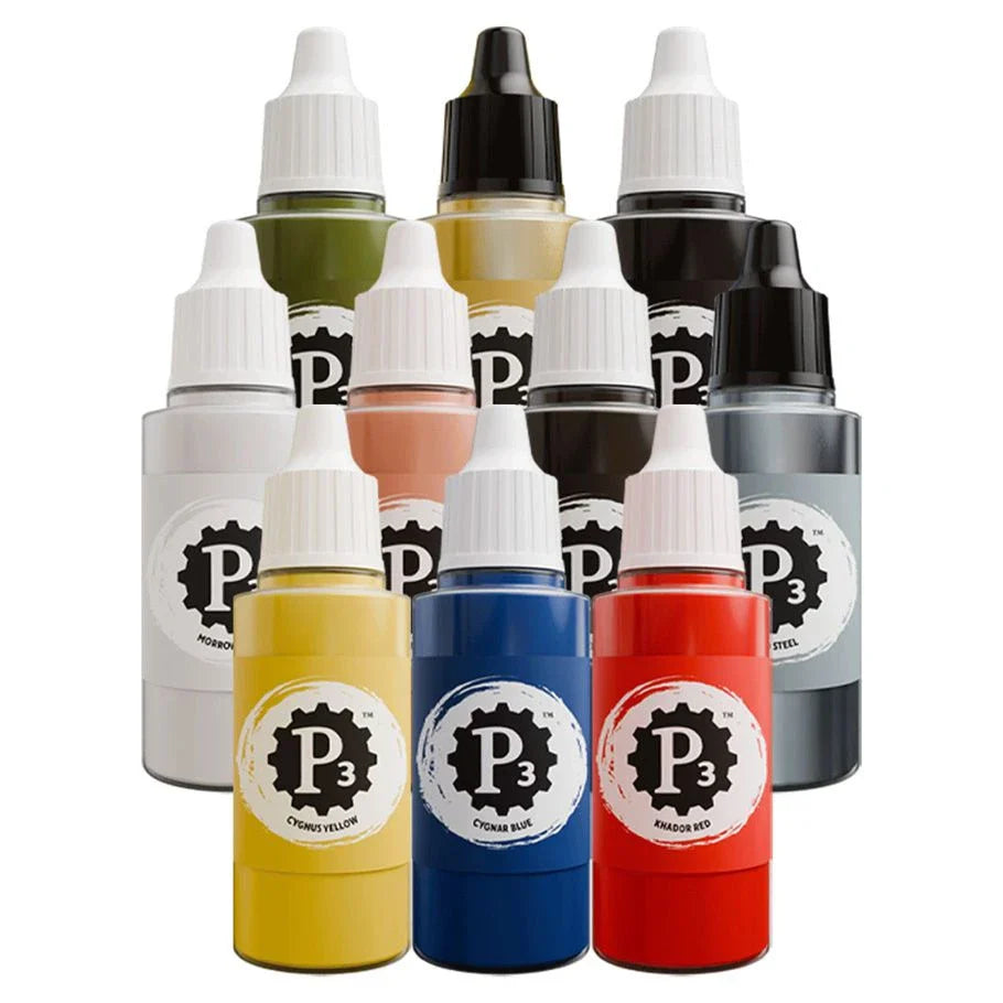 Set of P3 tattoo ink bottles in various colors on a white background