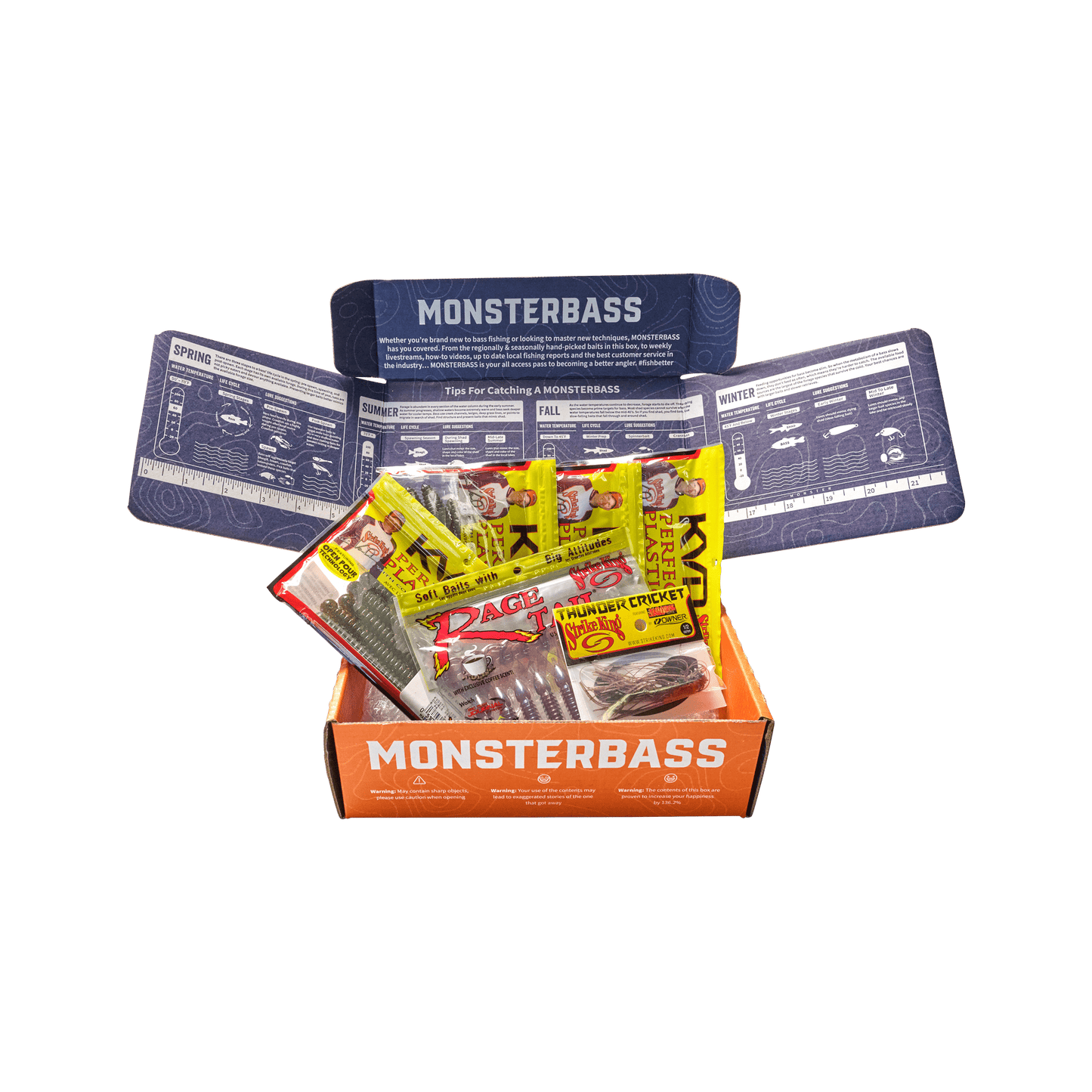 Monsterbass fishing lure box with open lid showing contents on a green background