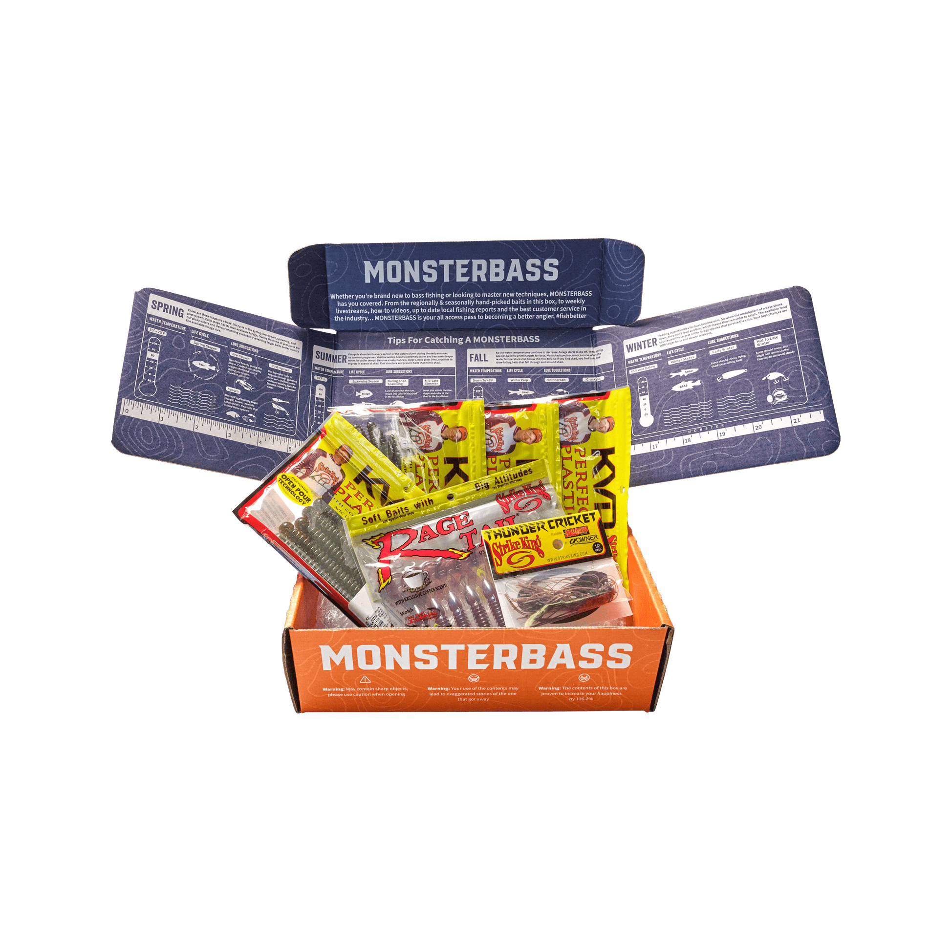 Monsterbass fishing lure box with open lid showing contents on a green background