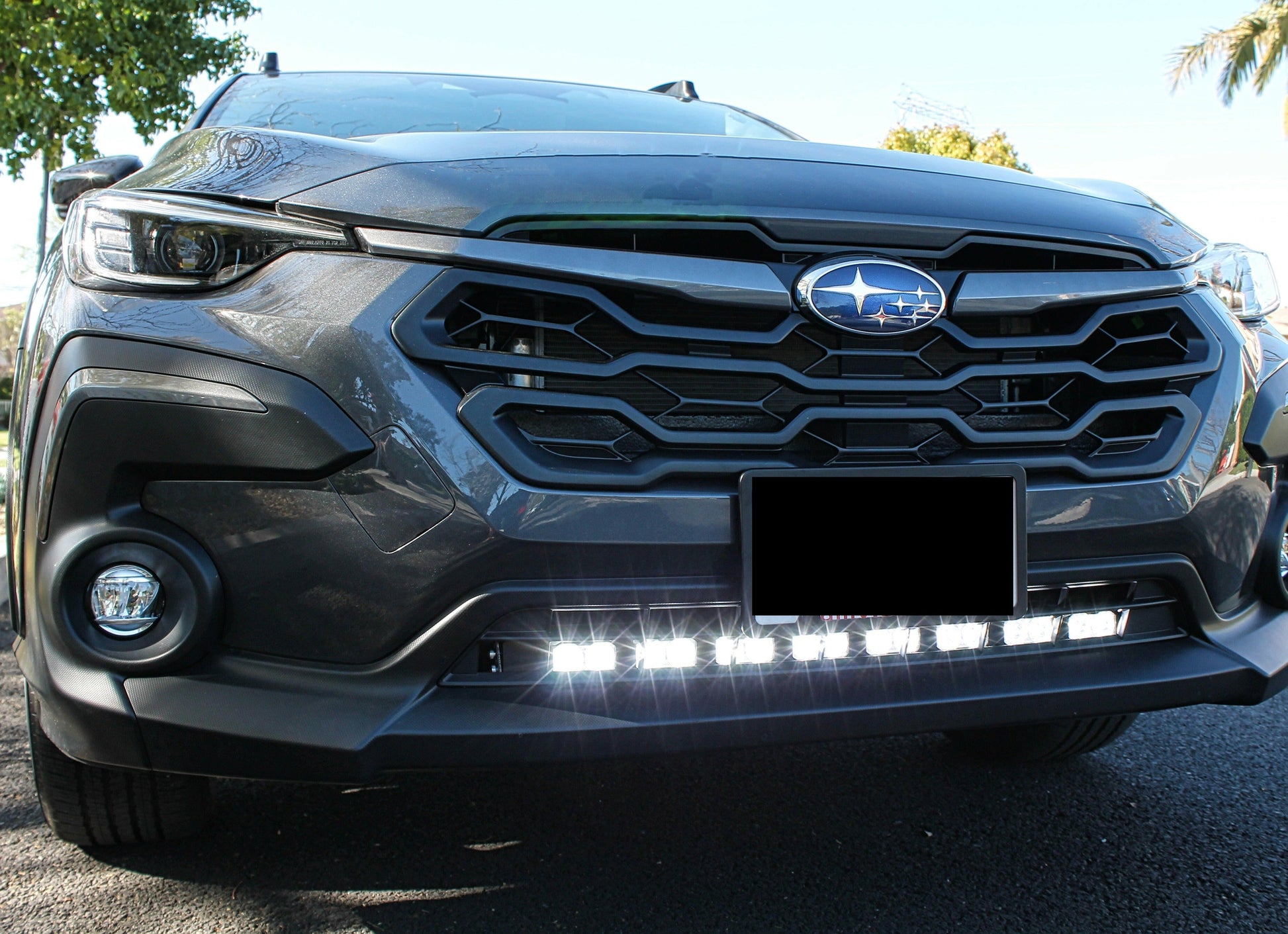 Front view of a black Subaru vehicle with an LED Light Bar installed