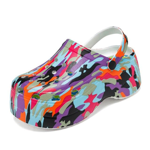 Summer Women Clogs Quick Dry Rainbow Tie Thick Wedges Garden Shoes Beach Sandals Flip Flops For Women Slipper Lightweight Home Slip On Walking Casual Art Painted Travel Holiday Shoes