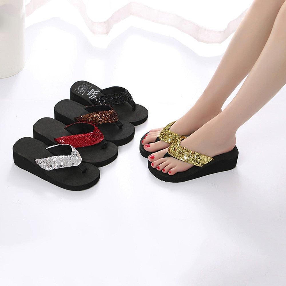 Summer Women Flip Flops Casual Sequins Anti-Slip Slippers Beach Flip Flat Sandals Beach Open Toe Shoes Womens Glitter Bling Fancy Slide Flat Low Sparkle Sandals Elegant Shoes