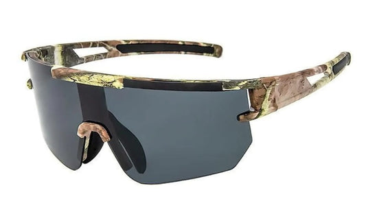 Sunglasses with camouflage frame and dark lenses on a white background