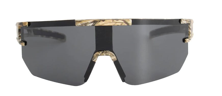 Sunglasses with camouflage frame and dark lenses on a white background.  Front View
