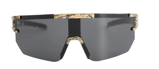 Sunglasses with camouflage frame and dark lenses on a white background.  Front View