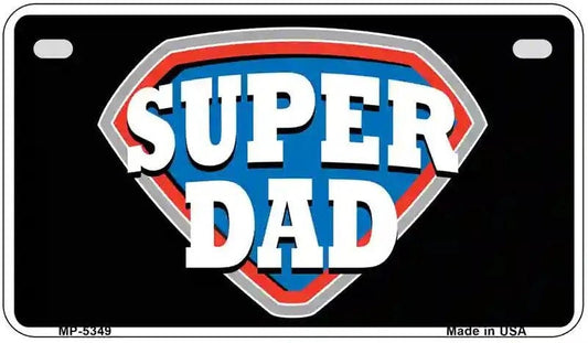 Motorcycle License plate with 'Super Dad' design on a black background