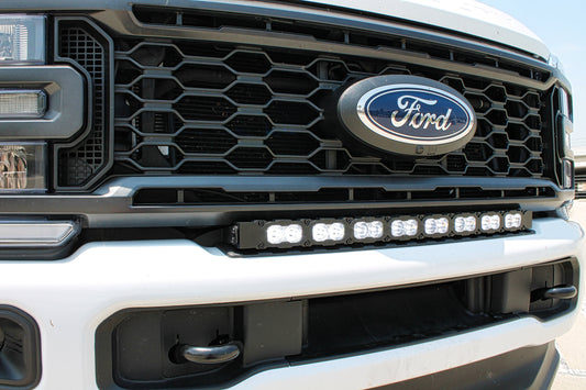 Close-up of a Ford vehicle grille with LED lights