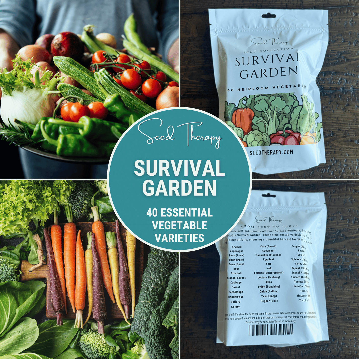 Collage of Seed Therapy Survival Garden packaging and fresh vegetables.