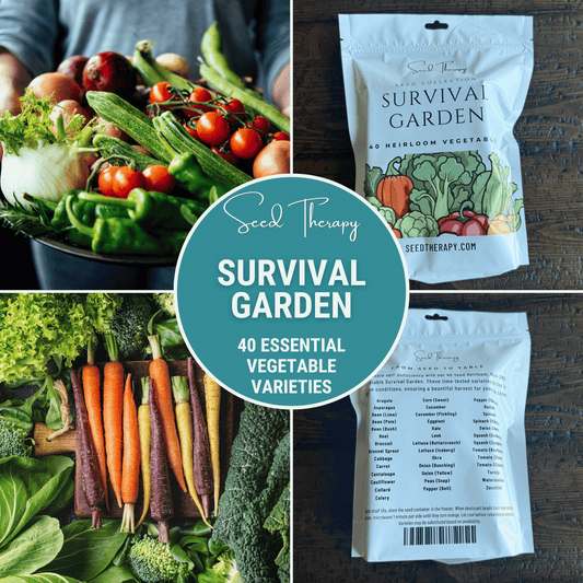 Collage of Seed Therapy Survival Garden packaging and fresh vegetables.
