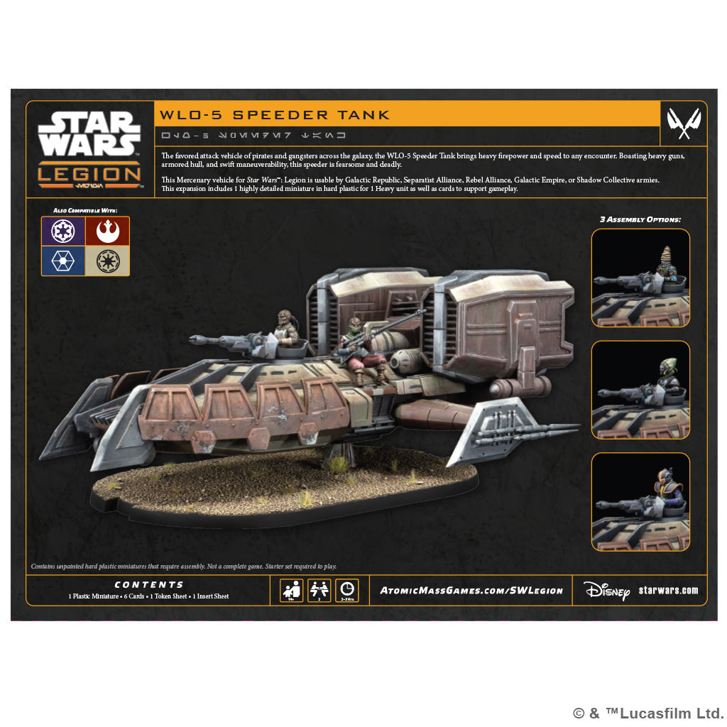 Star Wars Legion WO-5 Speeder Tank packaging with product and branding details.
