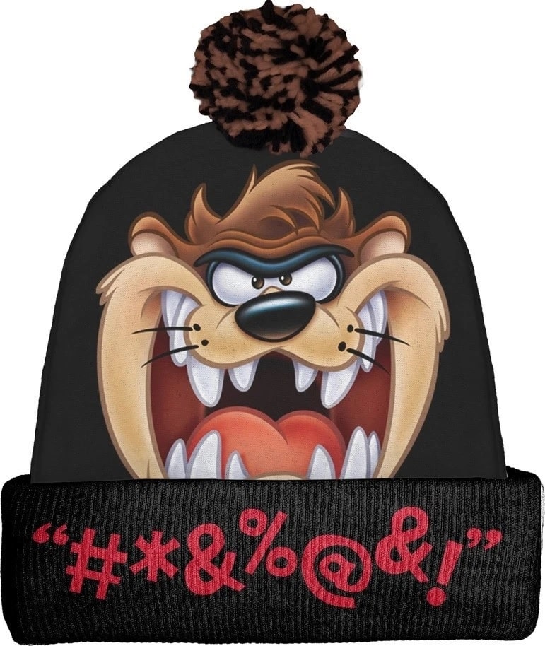 Beanie with cartoon character TAZ aka Tasmanian Devil and profanity text on a white background