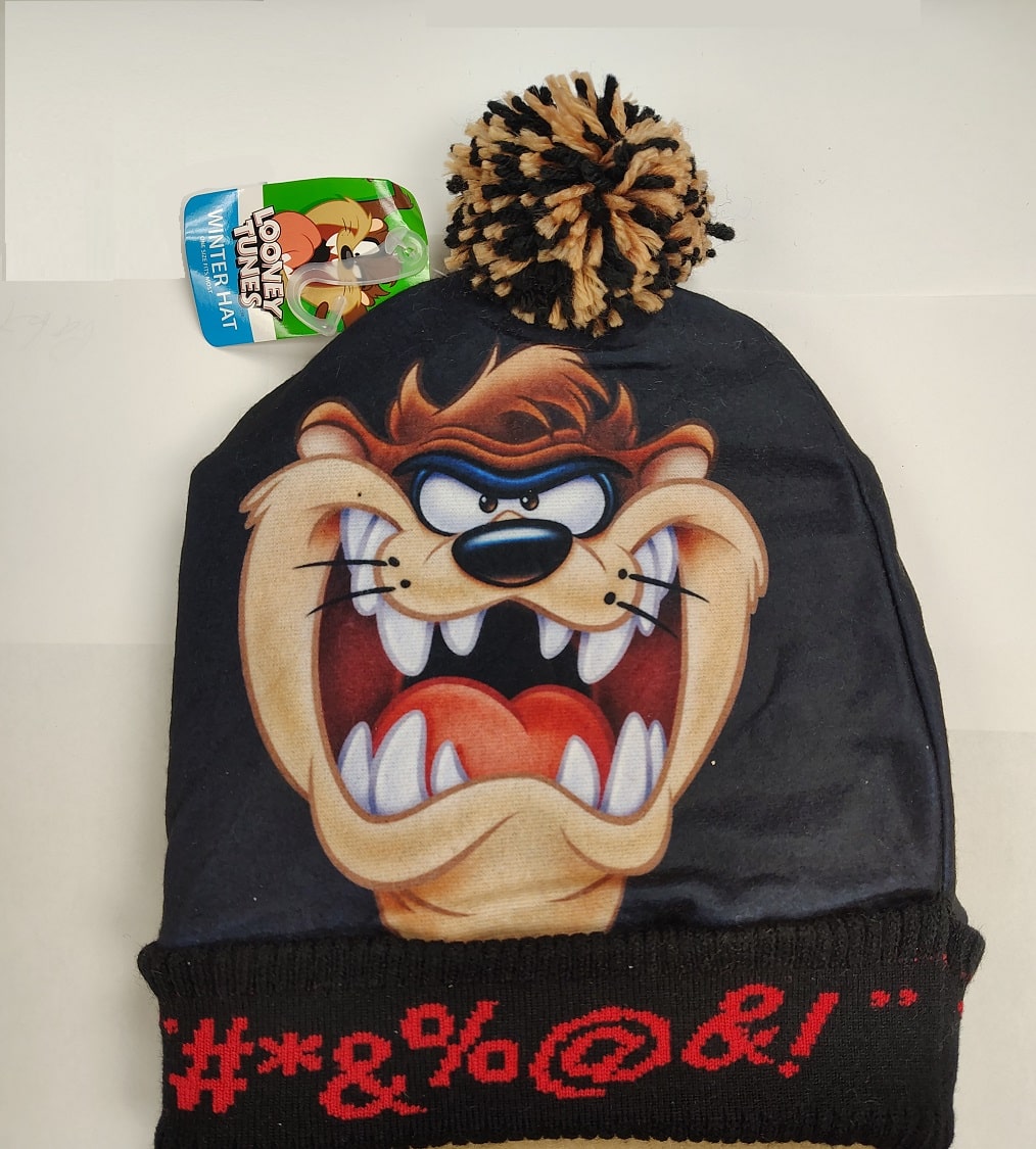 Black beanie with Looney Tunes TAZ and profanity on a white background