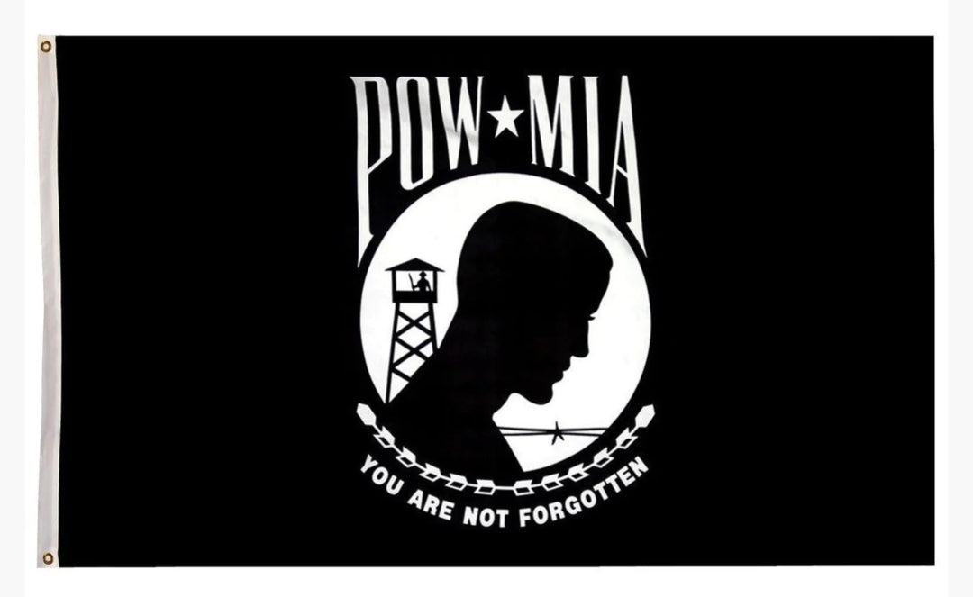 Black flag with POW/MIA emblem and text on a white background